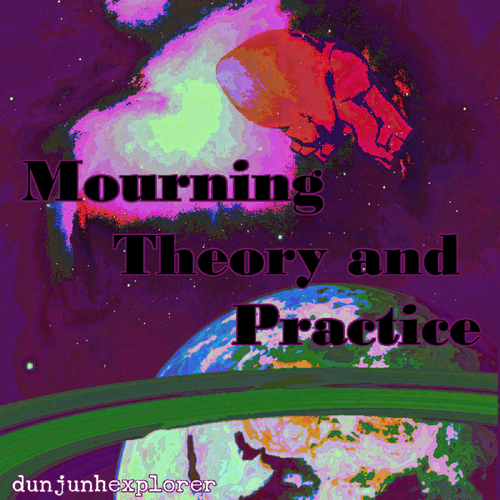 Mourning: Theory and Practice front cover, featuring a color-negative, hyper-saturated space scene with a ringed planet which otherwise resembles earth