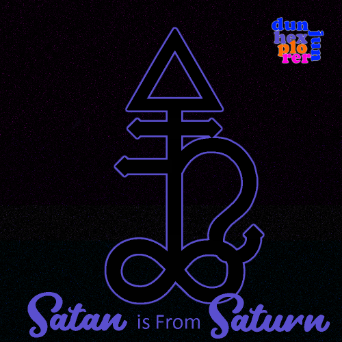 Satan is From Saturn front cover art, featuring a purple outline of a symbol which combines two alchemical symbols for sulfur and brimstone along with the astrological symbol for Saturn, against a black background