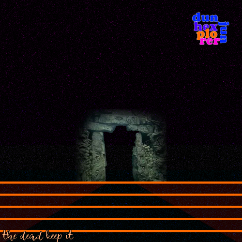 The Dead Keep It cover art, featuring the doorway to the Paths of the Dead from the Lord of the Rings films against a black background with several horizontal orange lines overtop of it'