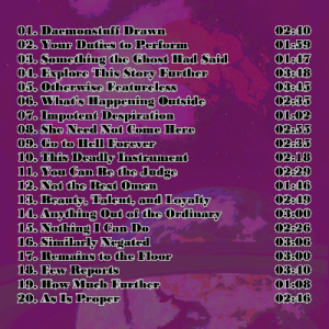 Mourning: Theory and Practice back cover, featuring a color-negative, hyper-saturated space scene with a ringed planet which otherwise resembles earth. The track listing is overtop of this.